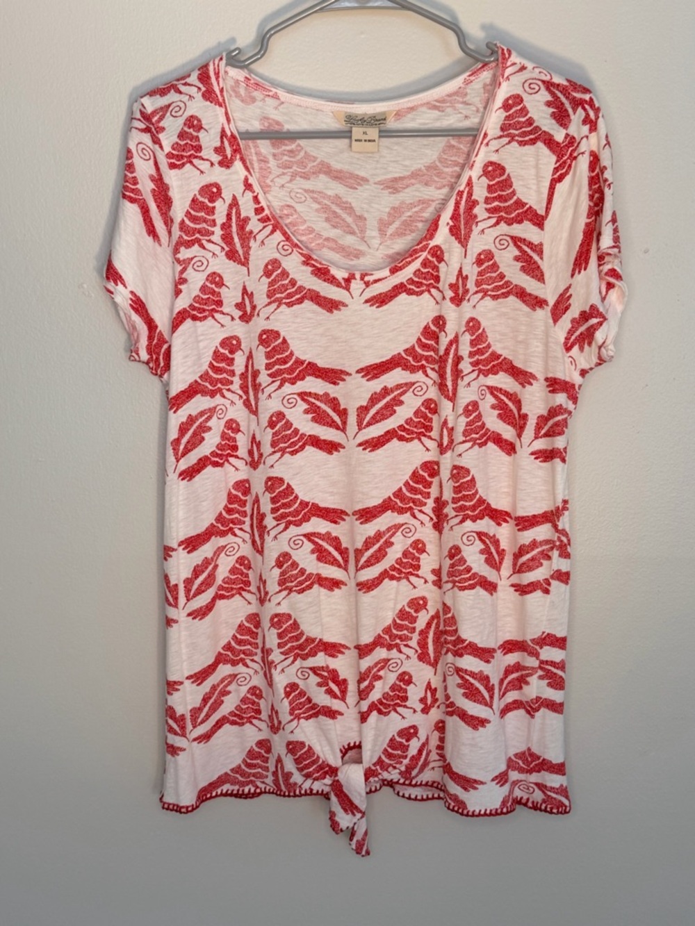 Lucky Brand White Tee with Red Bird Print and Front Tie